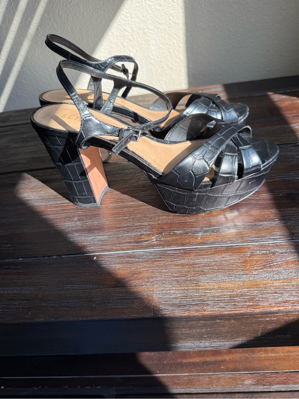 SCHUTZ Black Croc-Embossed Platform Heels with Strappy Upper